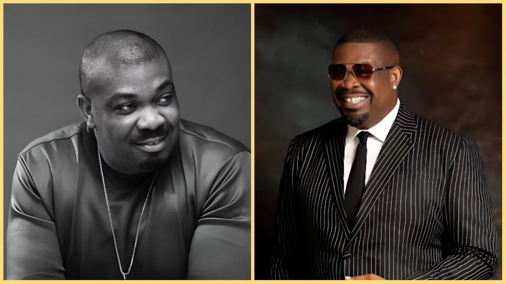 Side-by-side photos of Nigerian music producer Don Jazzy. The left image shows him smiling in a casual dark outfit, while the right image shows him dressed in a black pinstripe suit, tie, and sunglasses, smiling against a studio backdrop.