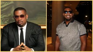 Side-by-side photos of Nigerian music producer Don Jazzy; the left image shows him in a black pinstripe suit and dark sunglasses, seated with hands clasped, while the right image shows him smiling in a patterned short-sleeve shirt and sunglasses at night.