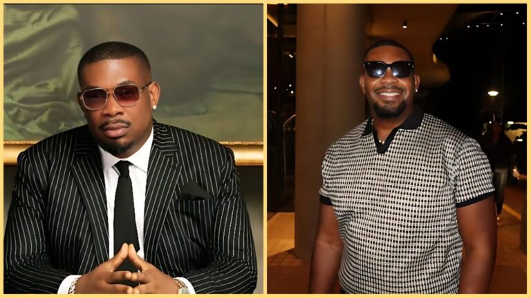 Side-by-side photos of Nigerian music producer Don Jazzy; the left image shows him in a black pinstripe suit and dark sunglasses, seated with hands clasped, while the right image shows him smiling in a patterned short-sleeve shirt and sunglasses at night.