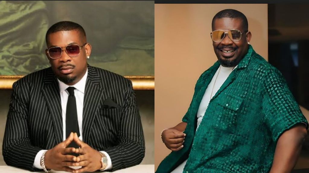Side-by-side photos of Don Jazzy. The left image shows him wearing a black pinstripe suit, white shirt and black tie, with tinted glasses, sitting at a desk with his hands clasped. The right image shows him smiling in a textured green outfit with gold-rimmed sunglasses, posing casually indoors