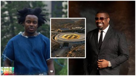A collage showing singer LOVN on the left in a blue denim top, Don Jazzy on the right wearing a black pinstripe suit and sunglasses, and a central inset image of the Mavin HQ–styled futuristic facility set in a rocky landscape.