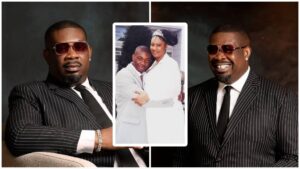 A collage featuring Don Jazzy in two recent portraits wearing a black pinstripe suit, white shirt and black tie, paired with dark sunglasses. At the centre is an old wedding photo of a younger Don Jazzy embracing his ex-wife, who is dressed in a white outfit and tiara. The layout contrasts his past and present appearance.