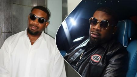 Side-by-side photos of Nigerian music executive Don Jazzy wearing sunglasses, one in a white shirt indoors and the other in a black leather jacket inside a luxury car.
