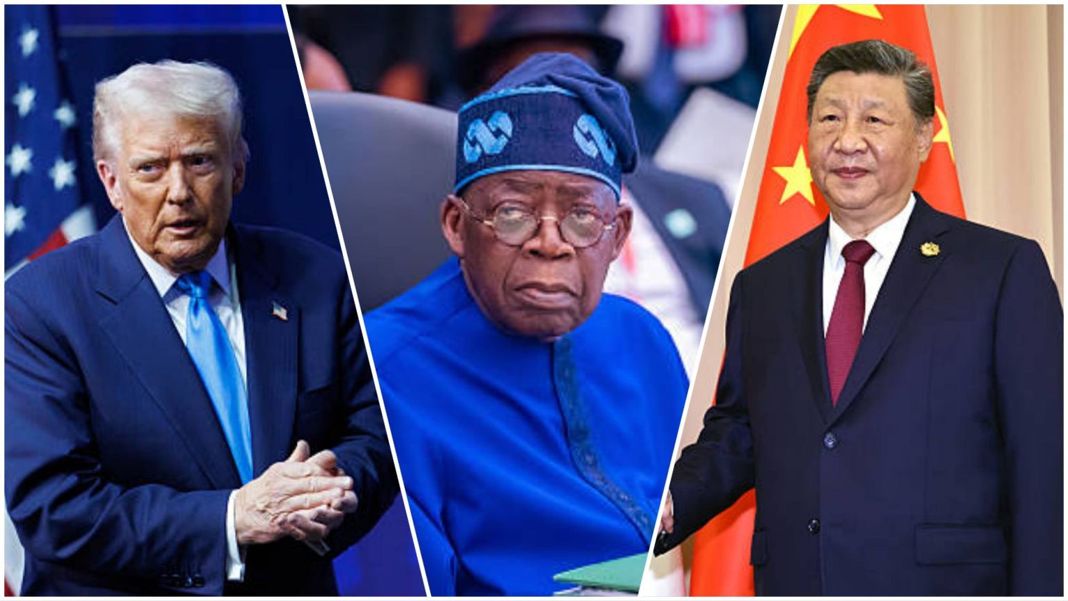 Side-by-side photo collage showing former U.S. President Donald Trump, Nigerian President Bola Ahmed Tinubu, and Chinese President Xi Jinping.