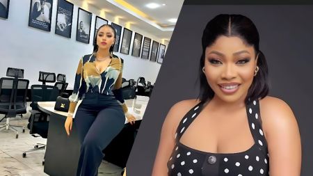 Side-by-side photo showing Regina Daniels seated stylishly in an office setting, and actress Doris Ogala smiling in a studio portrait.