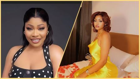 Side-by-side collage of actress Doris Ogala in a black polka-dot dress smiling at the camera, and Regina Daniels sitting on a bed in a yellow satin dress, posing with a calm expression.