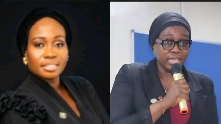 Side-by-side images of Dr Folakemi Animashaun. The left image shows her in a formal black outfit, facing the camera with a neutral expression. The right image shows her speaking into a microphone while wearing glasses and a black headscarf