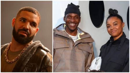 Side-by-side image showing Drake looking to the side with a neutral expression, and Pusha T smiling while standing next to his wife, Virginia Williams.