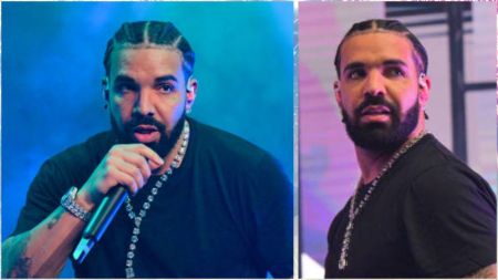 Side-by-side photos of a man performing on stage with braided hair, a beard, and a black T-shirt, holding a microphone in one image and looking to the side in the other, both under coloured stage lighting.
