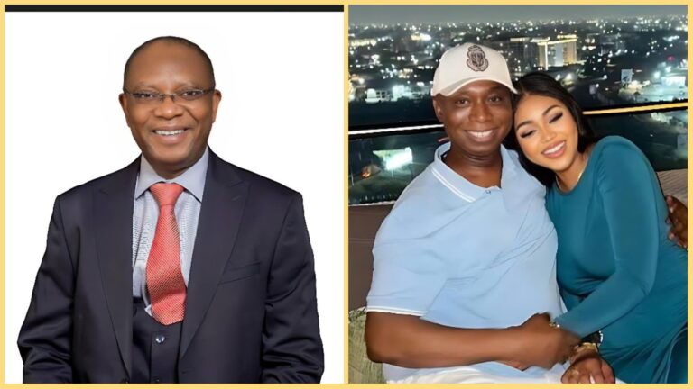 Side-by-side photo showing Dr Joe Abah smiling in a suit on the left, and Senator Ned Nwoko sitting with his wife, actress Regina Daniels, smiling together at night on the right.