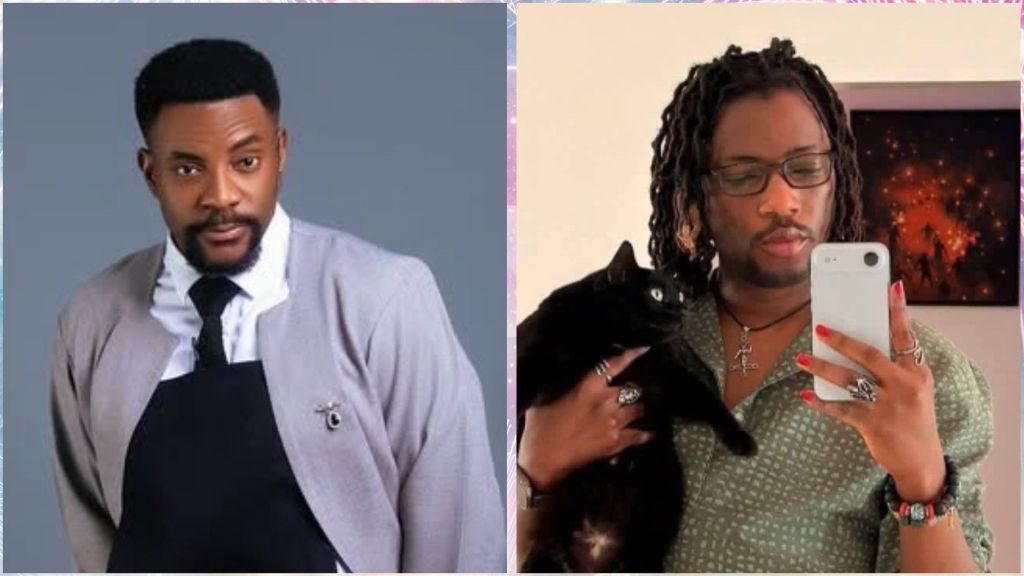 Side-by-side photo showing media personality Ebuka Obi-Uchendu on the left, dressed in a grey jacket over a black outfit, and Paystack co-founder Ezra Olubi on the right, holding a black cat while taking a mirror selfie.