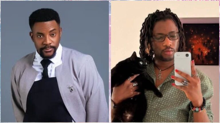 Side-by-side photo showing media personality Ebuka Obi-Uchendu on the left, dressed in a grey jacket over a black outfit, and Paystack co-founder Ezra Olubi on the right, holding a black cat while taking a mirror selfie.