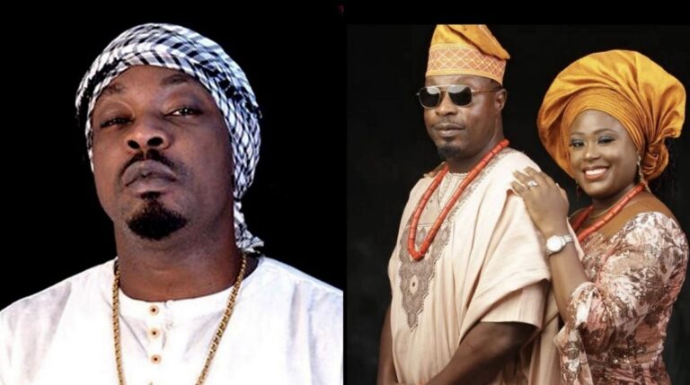 Side-by-side images of Nigerian rapper Eedris Abdulkareem. The left photo shows him wearing a patterned headscarf and white top, looking directly at the camera. The right photo shows him dressed in traditional attire with his wife, who stands beside him smiling, both wearing matching gold and coral accessories.