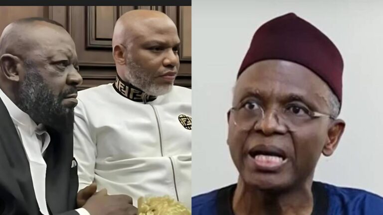 Aloy Ejimakor sits beside Nnamdi Kanu during a courtroom appearance, while Bello El-Rufai speaks separately in another frame.