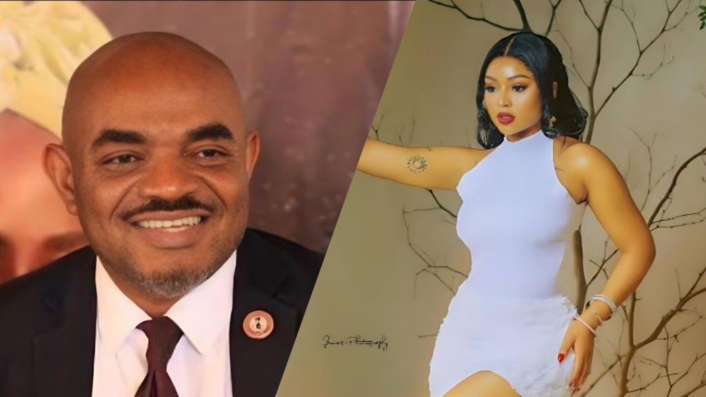 Side-by-side photo showing Emeka Rollas smiling in a suit on the left and Regina Daniels posing in a white outfit on the right.