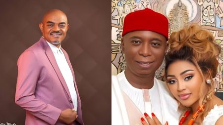 A split image showing a man labelled as Emeka Rollas posing in a pink suit on the left, and on the right a couple labelled as Regina Daniels and Ned Nwoko dressed in white traditional attire, with the man wearing a red cap and the woman standing close beside him.