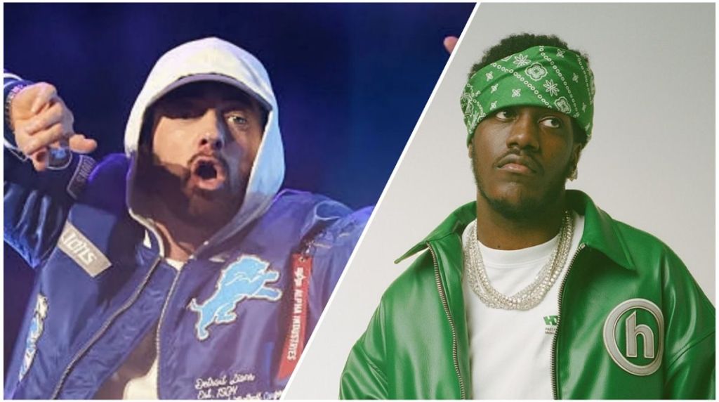 Side-by-side photo of Eminem performing on stage in a blue hoodie and Lil Yachty posing in a green jacket with a bandana.