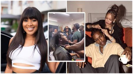 A three-photo collage showing BBNaija star Erica Nlewedim smiling in a white top, a middle frame of Rihanna standing beside A$AP Rocky as he gets a haircut in a busy barbershop, and a right frame of Rihanna braiding A$AP Rocky’s hair while he sits holding a cup.