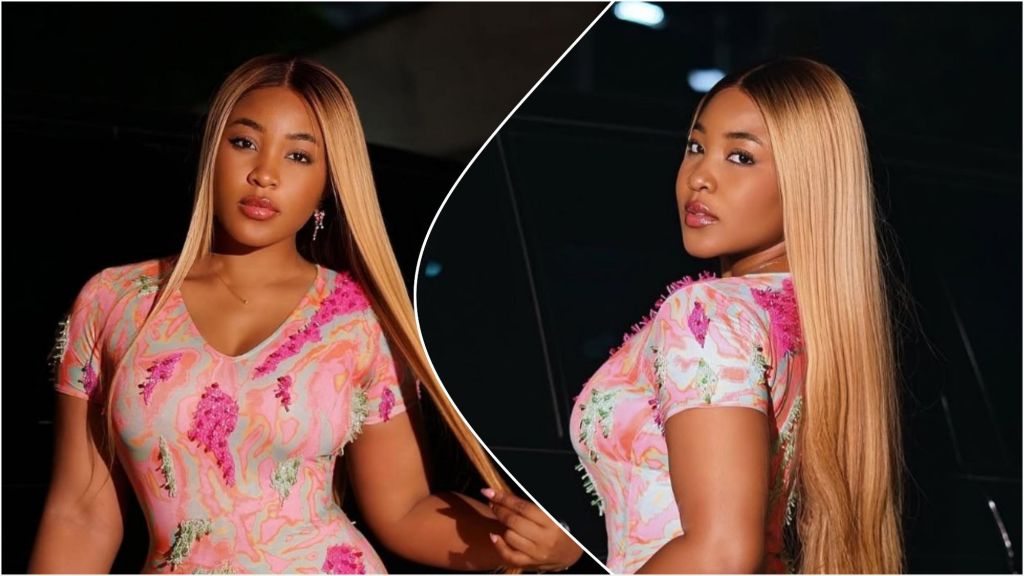 Side-by-side photos of Nigerian actress and BBNaija alum Erica Nlewedim wearing a fitted pink patterned dress, posing with long straight blonde hair against a dark background.