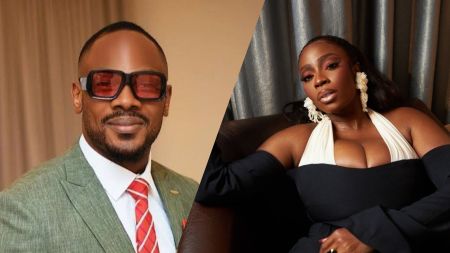 “Side-by-side photo of Nigerian actor Daniel Etim-Effiong wearing a green suit and red tie, and actress Bolaji Ogunmola posing in a black-and-white outfit with statement earrings.”