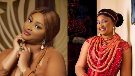 Side-by-side photos of Nigerian actress Etinosa Idemudia. On the left, she poses with her hand under her chin wearing a brown outfit and green jewellery. On the right, she smiles in a red traditional outfit adorned with coral beads.