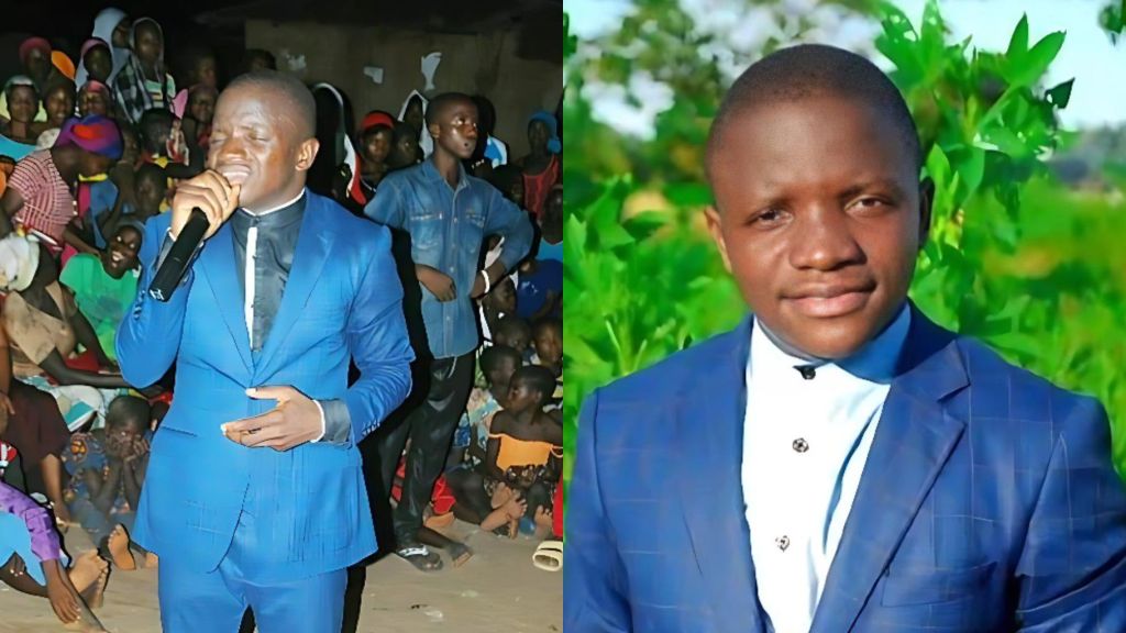 Two-photo collage showing Evangelist Daniel Ukpo. In the left image, he wears a blue suit and holds a microphone while preaching to a large crowd at night. In the right image, he poses outdoors in the same blue suit with green plants behind him