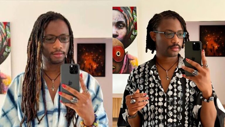 Side-by-side photos of a person taking mirror selfies indoors, wearing glasses, patterned shirts, jewellery and painted nails, with colourful artwork visible in the background.