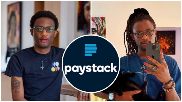 A side-by-side collage showing Ezra Olubi in two different photos, with the Paystack logo placed at the centre. On the left, he is seated wearing glasses and a dark T-shirt. On the right, he is taking a mirror selfie while holding a black cat.