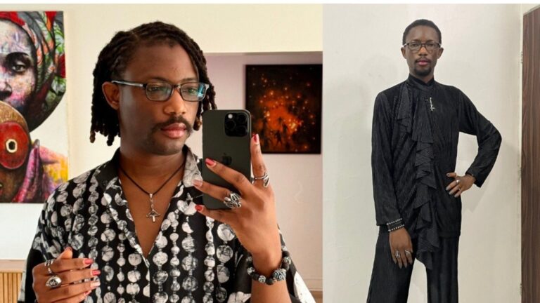 Two side-by-side photos of Ezra Olubi posing indoors; one shows him taking a mirror selfie in a patterned shirt, and the other shows him standing in an all-black outfit with hand on hip.