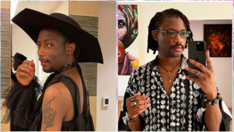 Side-by-side photos of Ezra Olubi. In the left image, he wears a wide black hat, black sleeveless outfit and red nail polish while posing with a slight smile. In the right image, he takes a mirror selfie wearing glasses, a patterned shirt, rings, and red nail polish.