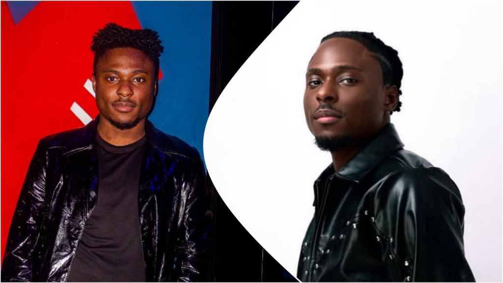 Side-by-side collage of Big Brother Naija star Faith Adewale wearing a black leather jacket in both photos — one with a blue and red background, the other against a plain white backdrop.