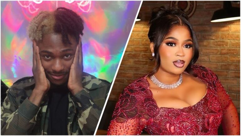 Side-by-side collage showing BBNaija Imisi on the left, wearing a camo jacket with half-blonde, half-black hair, hands on his cheeks, against a colourful backdrop; and BBNaija Faith on the right, dressed in a red embellished gown with glam makeup and diamond jewellery, posing indoors.