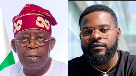 Side-by-side photo showing a portrait of Nigeria’s President wearing a traditional cap on the left, and rapper Falz wearing glasses and a black shirt on the right.