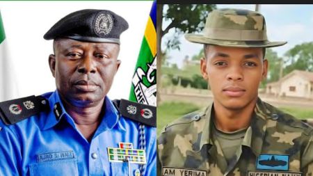 Side-by-side photos of a senior Nigerian police officer in a blue uniform and a young Nigerian naval officer in camouflage uniform and hat.