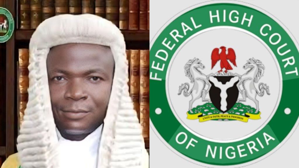 A split image showing a Nigerian judge, presented as Justice James Omotosho, wearing a white judicial wig and robes with shelves of law books behind him on the left, and the official seal of the Federal High Court of Nigeria on the right.