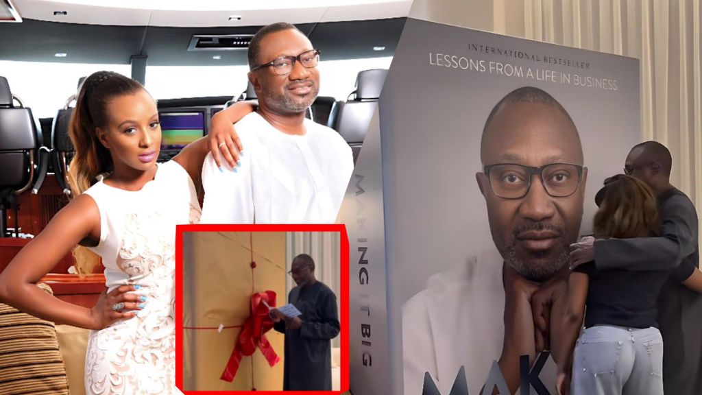 A collage showing DJ Cuppy posing beside her father Femi Otedola on a luxury yacht, and additional photos of Femi Otedola unveiling a large wrapped birthday gift and hugging his daughter in front of a giant book-themed display with his portrait