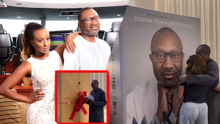 A collage showing DJ Cuppy posing beside her father Femi Otedola on a luxury yacht, and additional photos of Femi Otedola unveiling a large wrapped birthday gift and hugging his daughter in front of a giant book-themed display with his portrait
