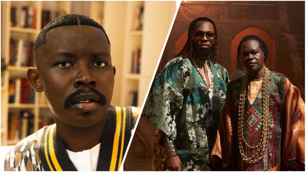 Split image showing Nigerian music video director TG Omori on the left, and singer Flavour standing beside Senegalese music legend Baaba Maal on the right, all dressed in cultural-themed outfits.