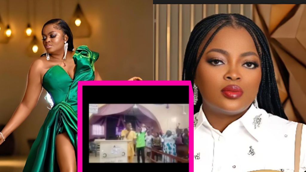 A collage featuring Nigerian actress Funke Akindele; the left image shows her in a green gown posing indoors, the right image shows her in a white outfit with braided hair, and the center inset shows a screenshot of worshippers inside a church during an attack.