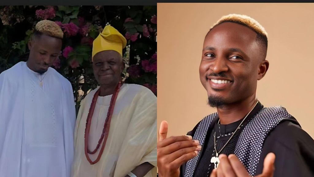 Gaise Baba stands beside his father in traditional attire, while a second photo shows Gaise Baba smiling in a portrait.