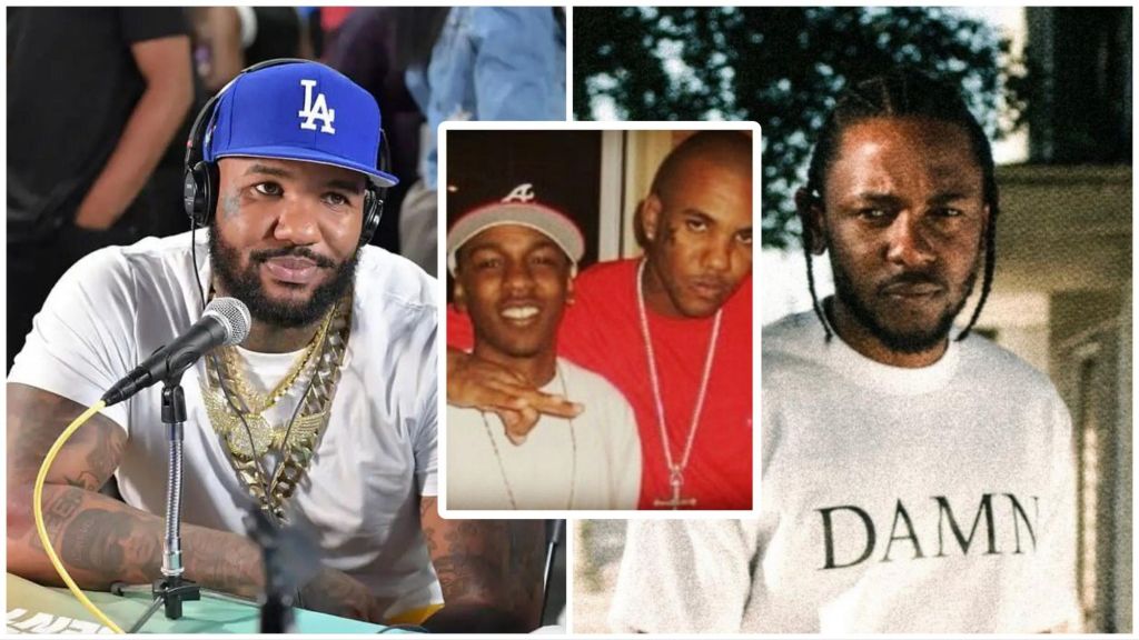 A collage showing rapper The Game speaking into a microphone on the left, a younger photo of The Game posing with a young Kendrick Lamar in the centre, and an image of Kendrick Lamar wearing a white “DAMN.” shirt on the right.