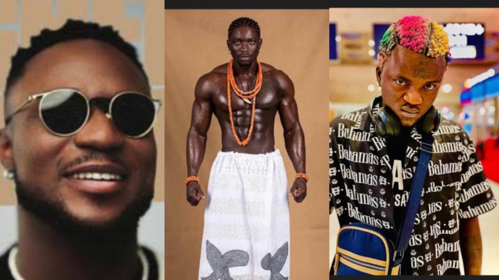 Side-by-side collage featuring GehGeh smiling in sunglasses on the left, VeryDarkMan shirtless with beaded accessories in the centre, and Portable with colourful hair and headphones on the right.