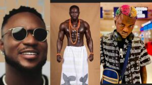 Side-by-side collage featuring GehGeh smiling in sunglasses on the left, VeryDarkMan shirtless with beaded accessories in the centre, and Portable with colourful hair and headphones on the right.