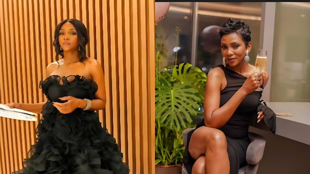 Side-by-side images of actress Genevieve Nnaji. On the left, she stands in front of vertical wooden panels, wearing a black ruffled strapless dress and holding a white clutch. On the right, she is seated indoors with plants behind her, dressed in a sleek one-shoulder black gown while raising a glass of champagne and smiling toward the camera