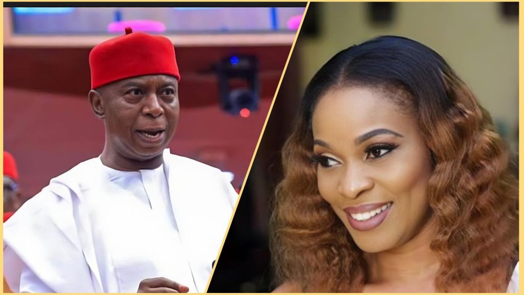 Split image showing Nigerian senator Ned Nwoko on the left wearing a red cap and white outfit, and actress Georgina Onuoha on the right smiling with wavy brown hair.