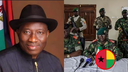 Split image showing former Nigerian president Goodluck Jonathan on the left, and Guinea Bissau military officers in uniform addressing the media at a table on the right