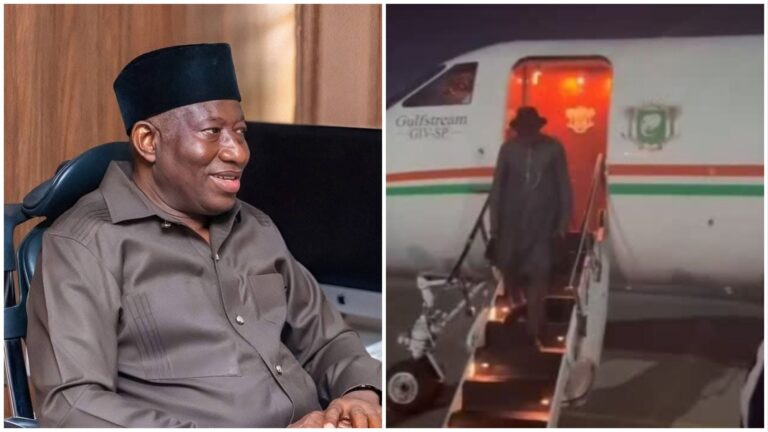 Side-by-side photo showing former Nigerian President Goodluck Jonathan. The left image shows him seated indoors, smiling and wearing a dark native outfit with a black hat. The right image shows him descending from a private jet at night, with the aircraft door lit in orange and two men standing nearby on the tarmac.