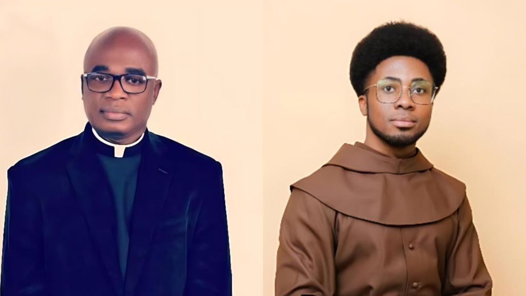 A side-by-side photo showing Governor Hyacinth Alia dressed in a black clerical suit on the left, and a Nigerian Catholic priest in a brown habit and glasses on the right, both facing the camera against a light background.