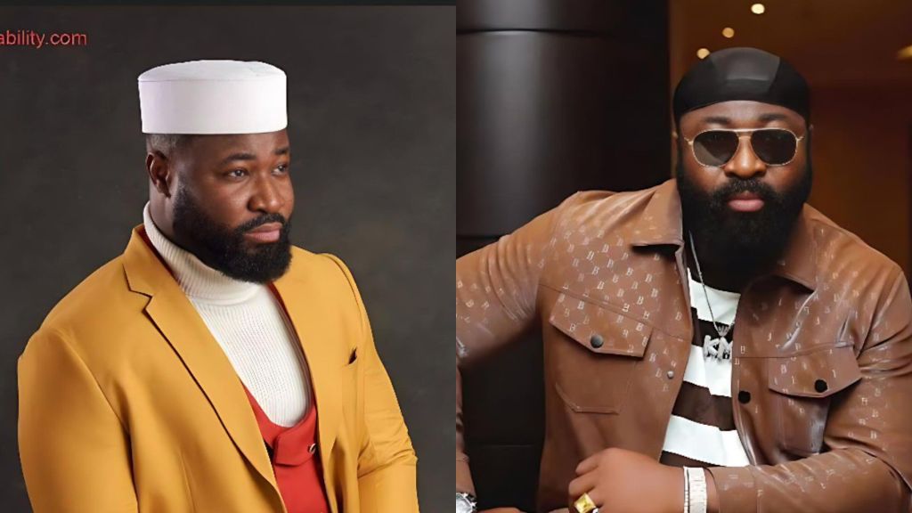 Two side-by-side photos of Nigerian singer Harrysong. The left image shows him wearing a mustard-yellow suit, white turtleneck, and white hat while looking to the side. The right image shows him in a brown designer jacket, black durag, and sunglasses, facing the camera.