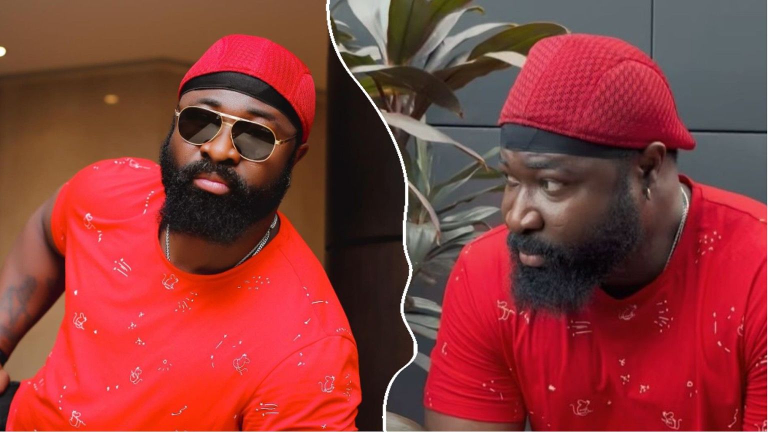 Side-by-side photos of Nigerian singer Harrysong wearing a red cap and matching red shirt, with a full beard and sunglasses in one image and looking to the side in the other.